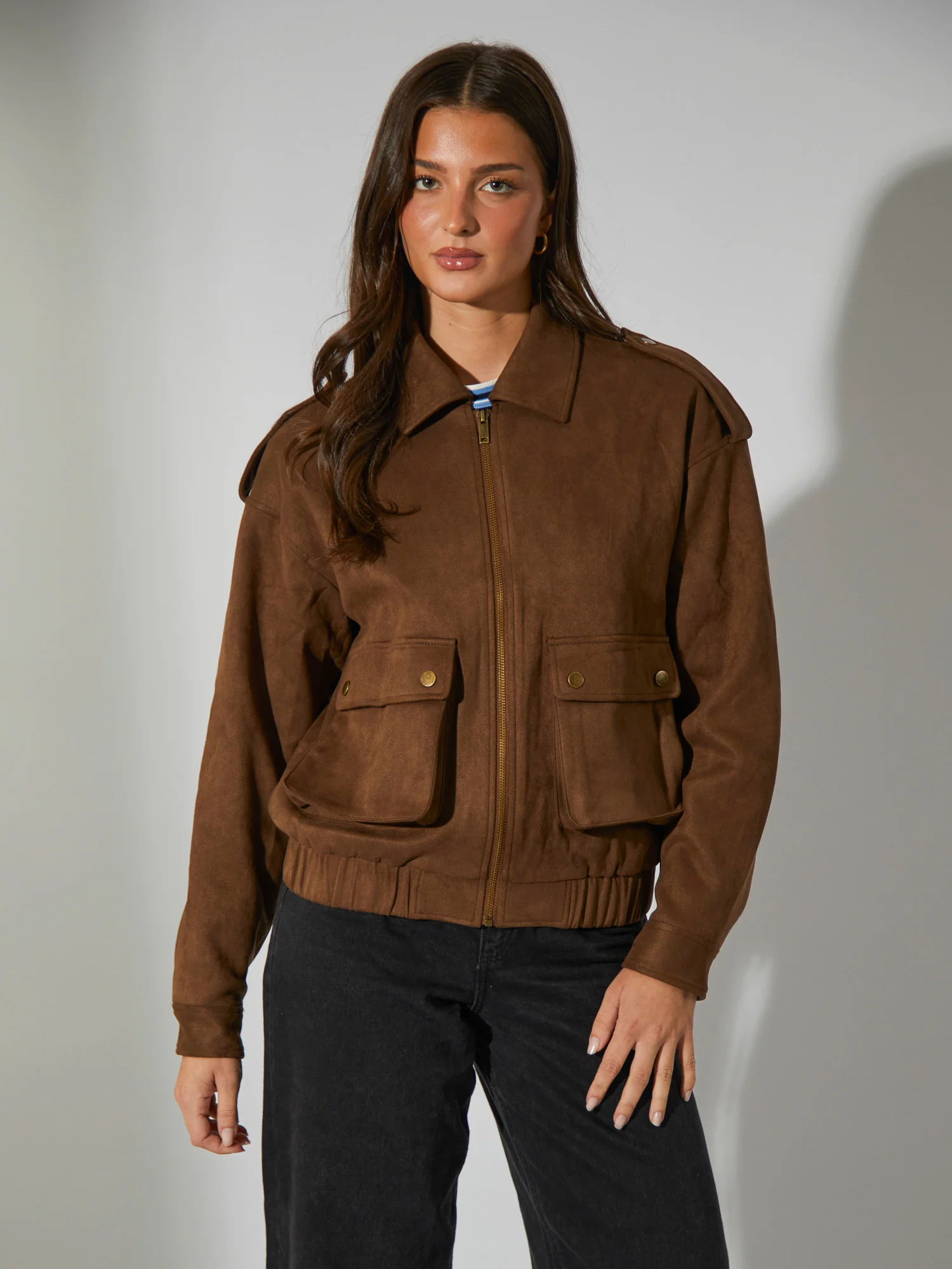 Avalon Faux Suede Bomber Jacket  in Brown - Image 6