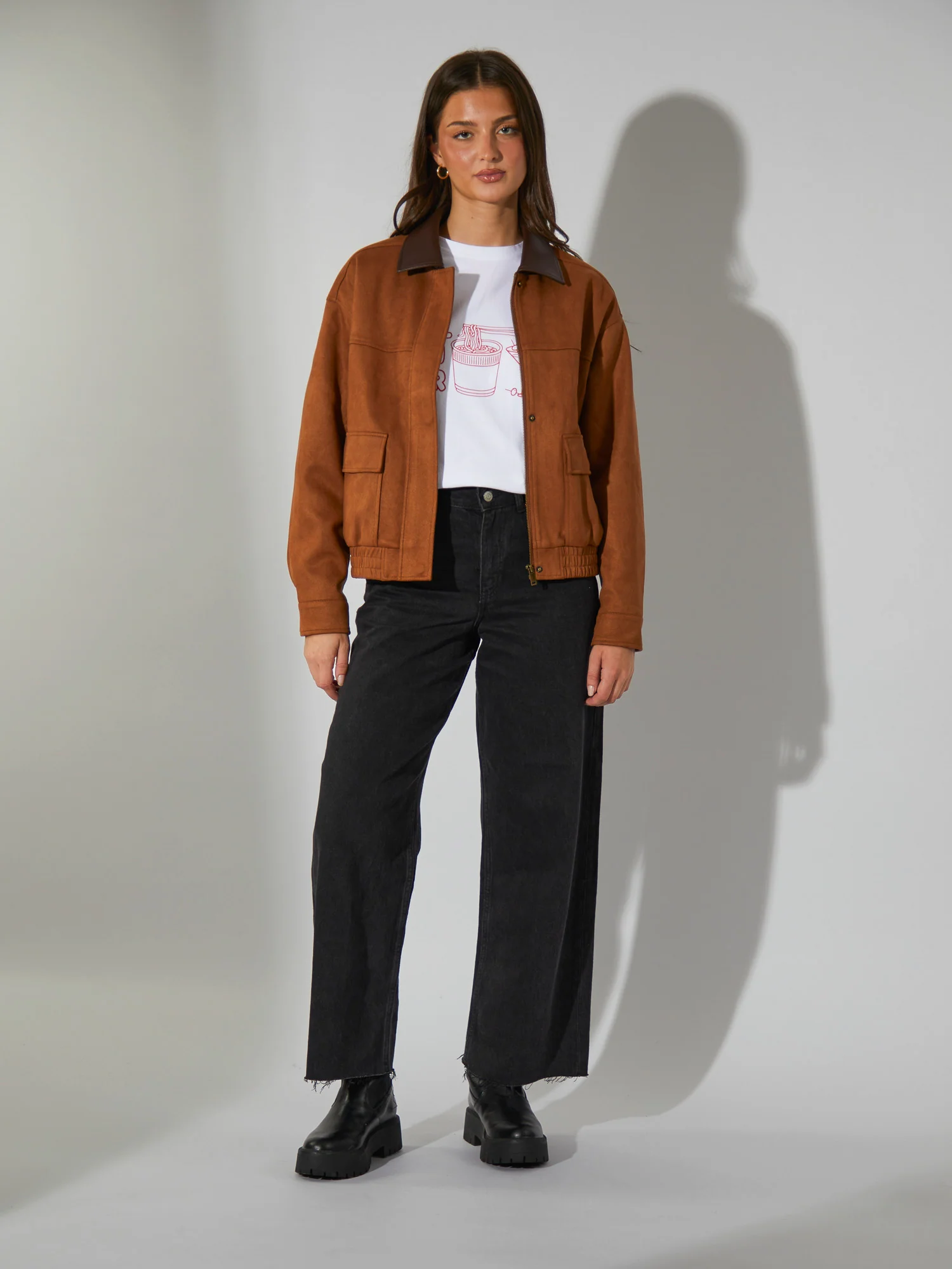 Elm Faux Suede Bomber With Pu Trim in Tan - Image 3