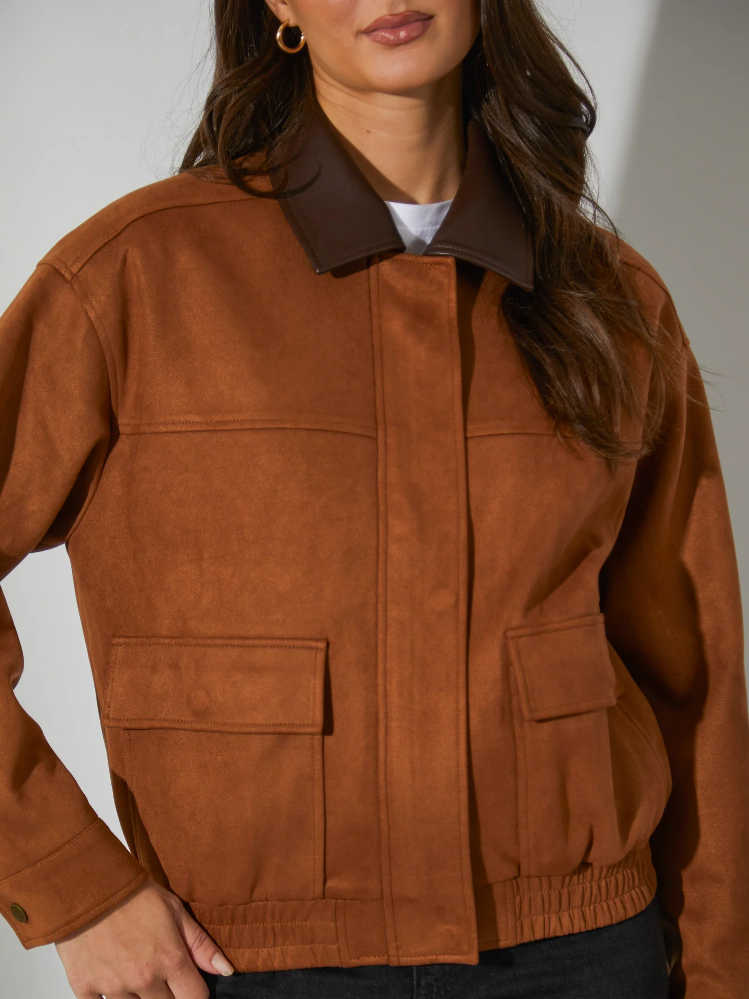 Elm Faux Suede Bomber With Pu Trim in Tan - Image 4