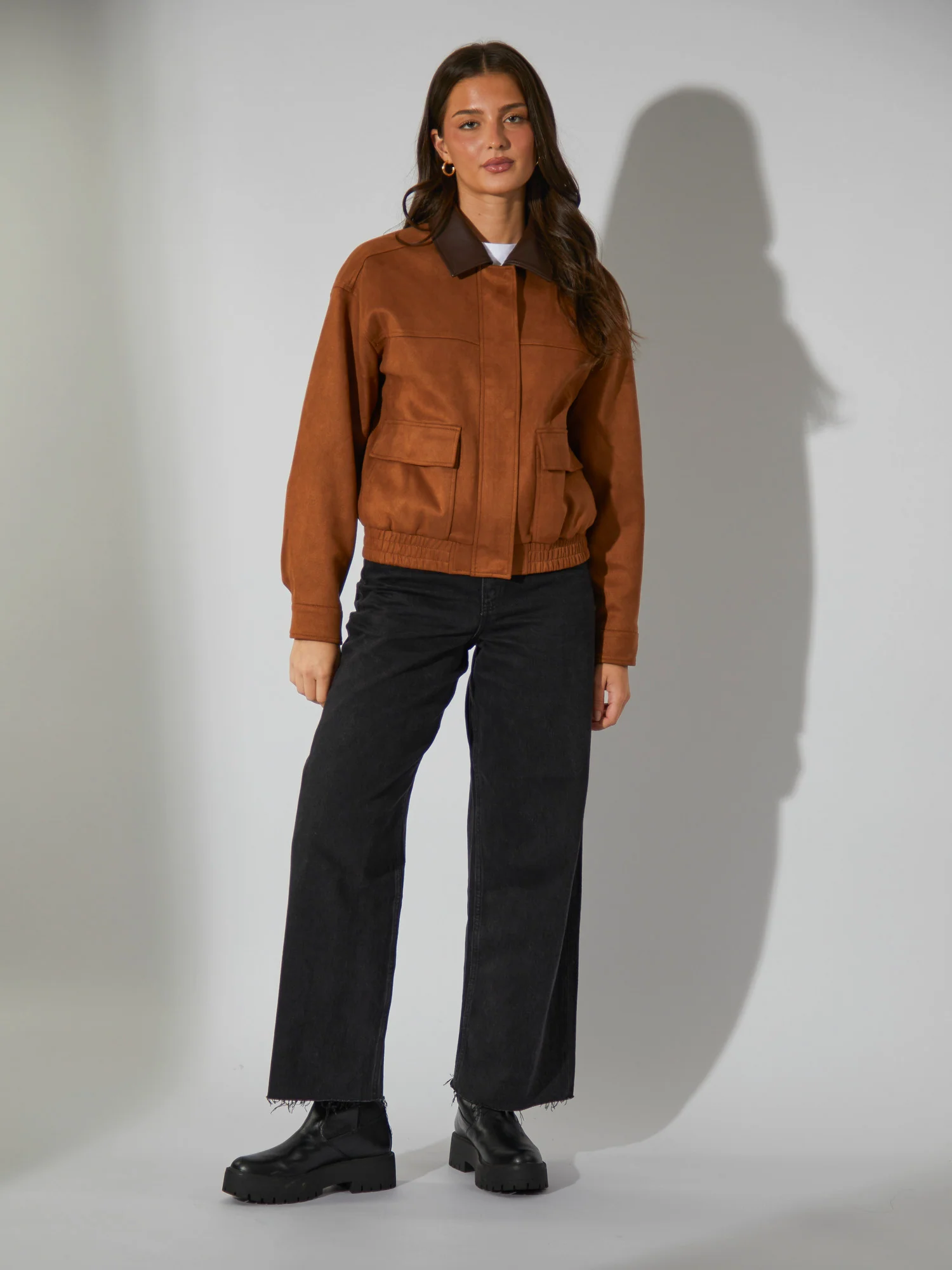 Elm Faux Suede Bomber With Pu Trim in Tan - Image 5