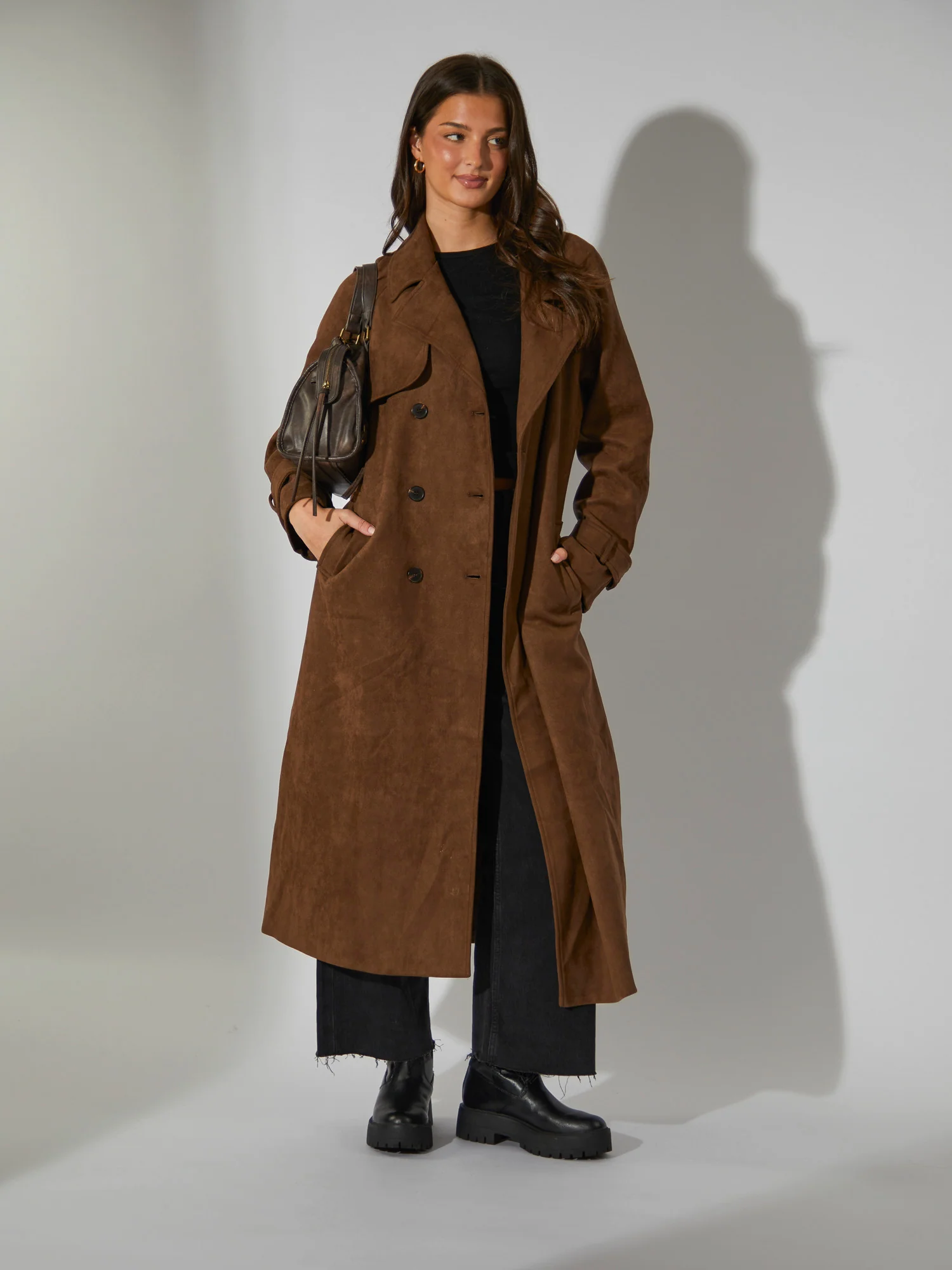 Fairmont Faux Suede Trench Coat in Brown - Image 2