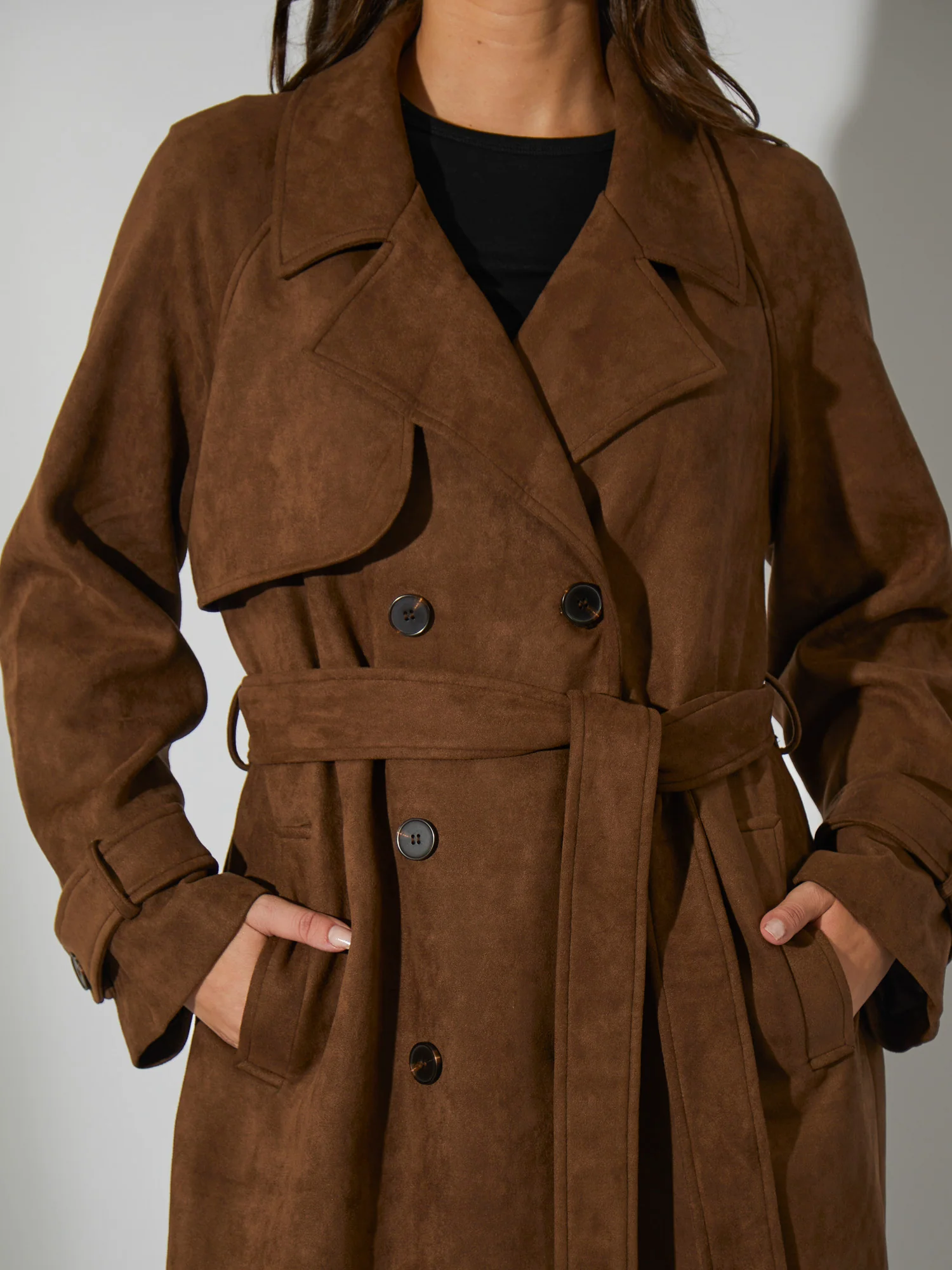 Fairmont Faux Suede Trench Coat in Brown - Image 3