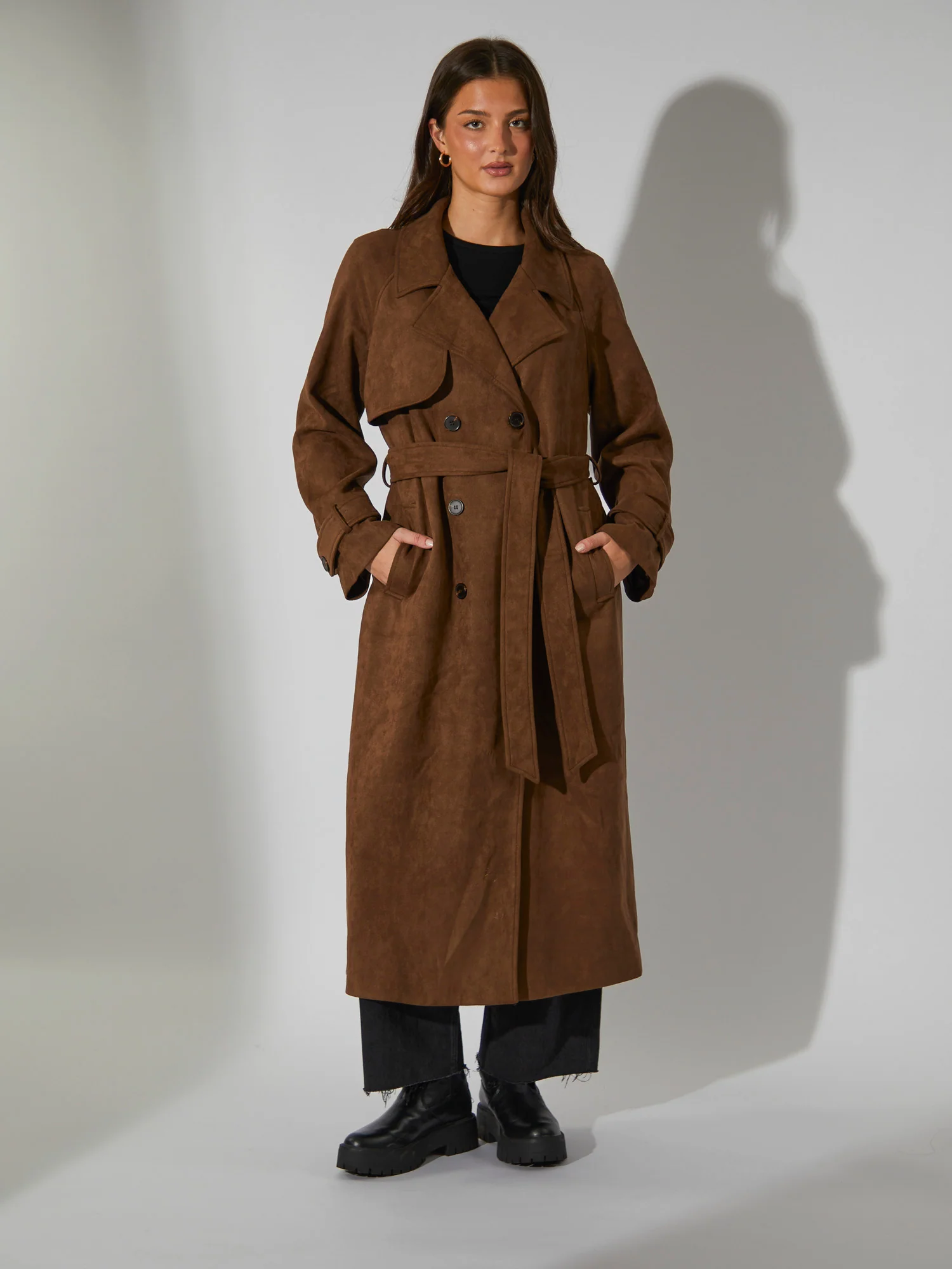 Fairmont Faux Suede Trench Coat in Brown - Image 4