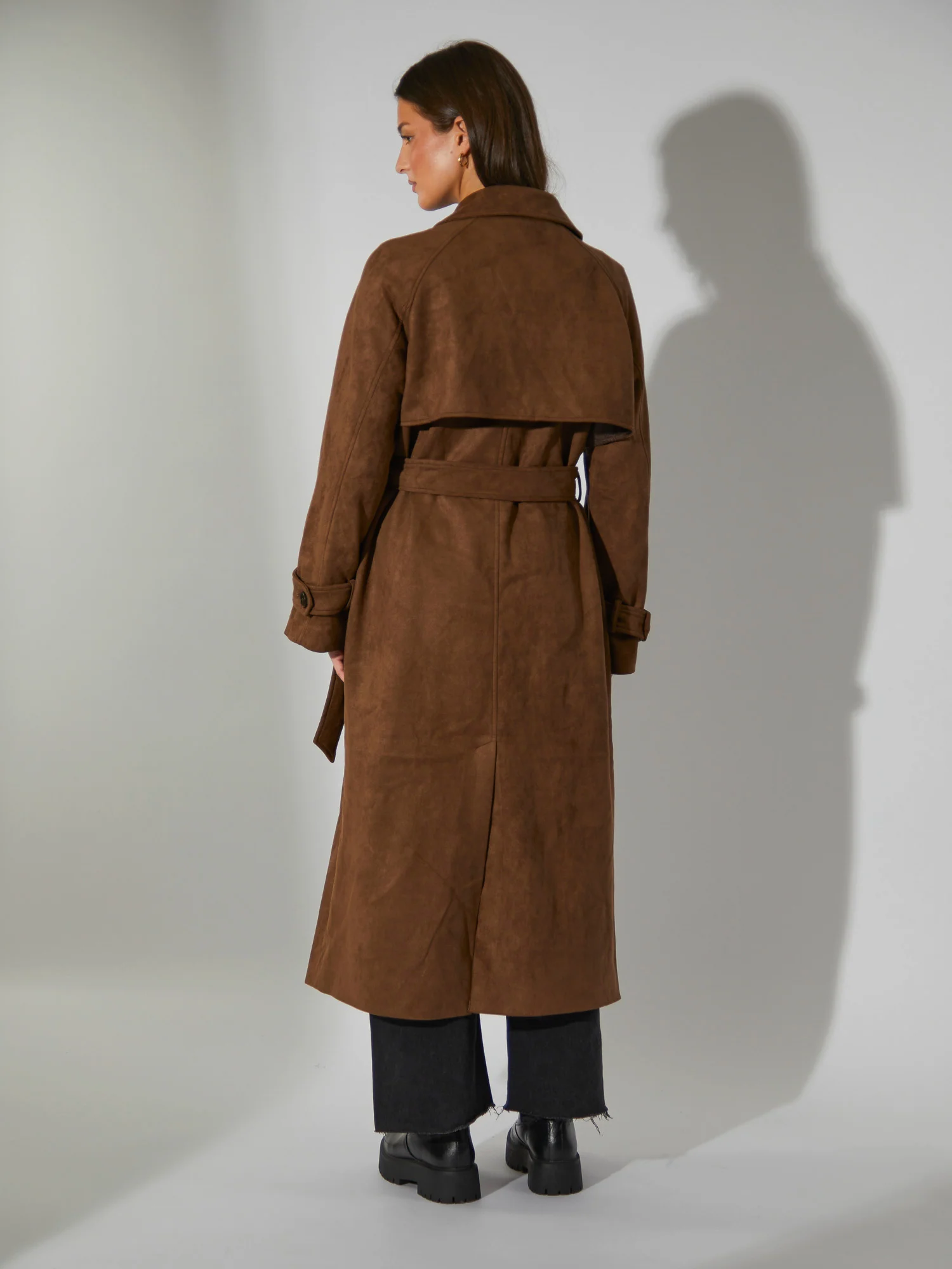 Fairmont Faux Suede Trench Coat in Brown - Image 5