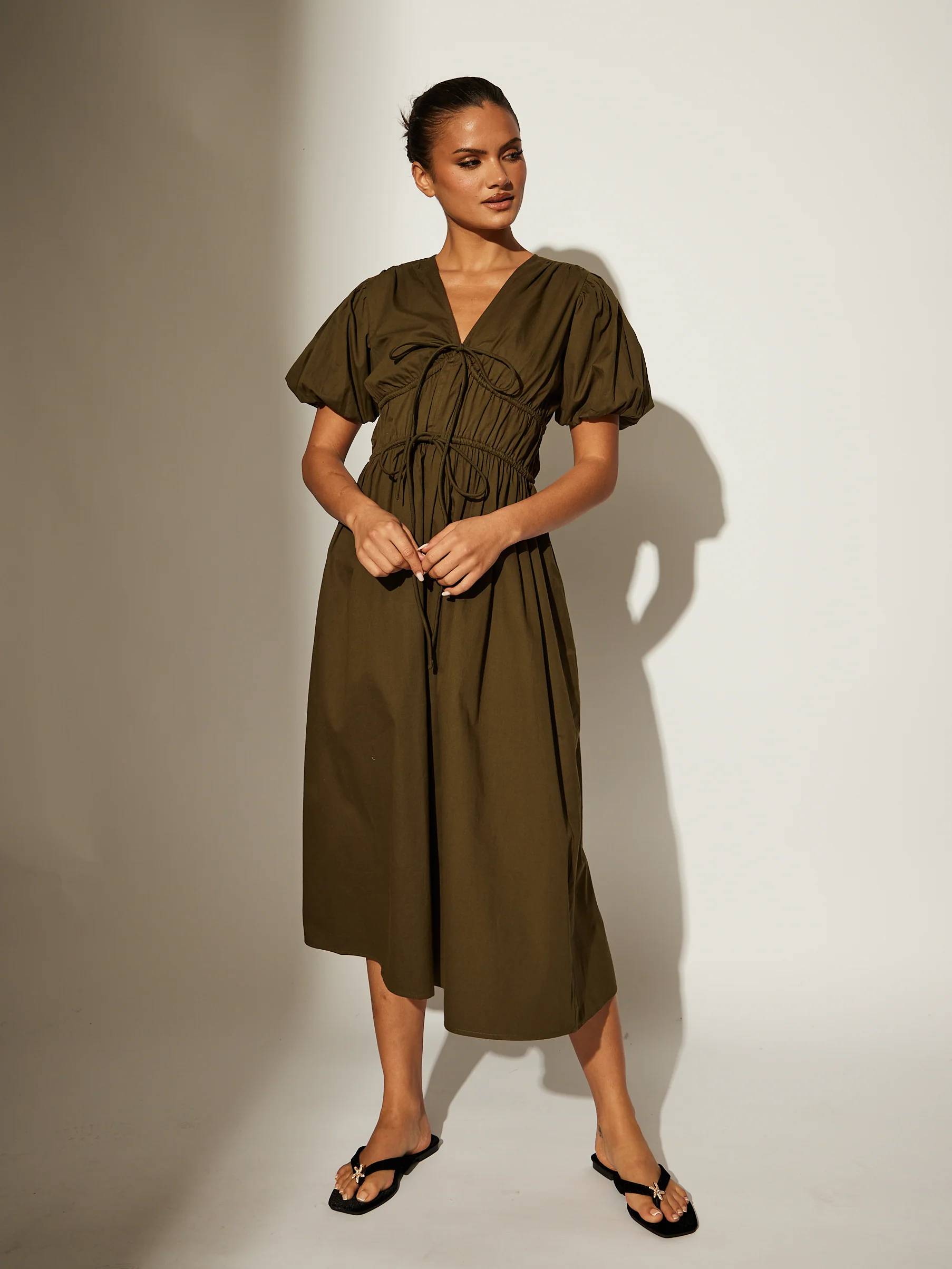 Boma Tie Front Midi Dress With Puff Sleeves in Khaki - Image 2