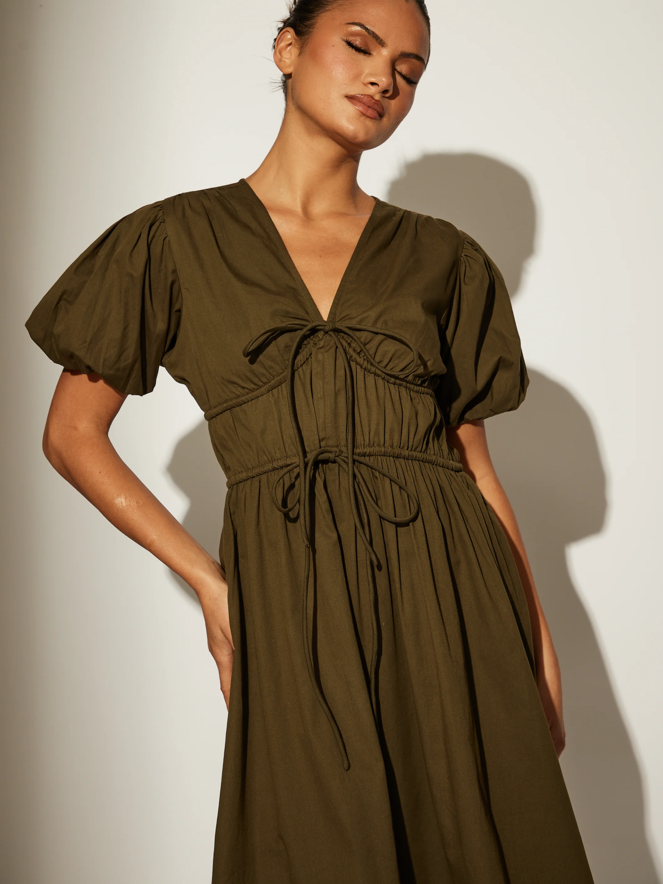 Boma Tie Front Midi Dress With Puff Sleeves in Khaki - Image 3