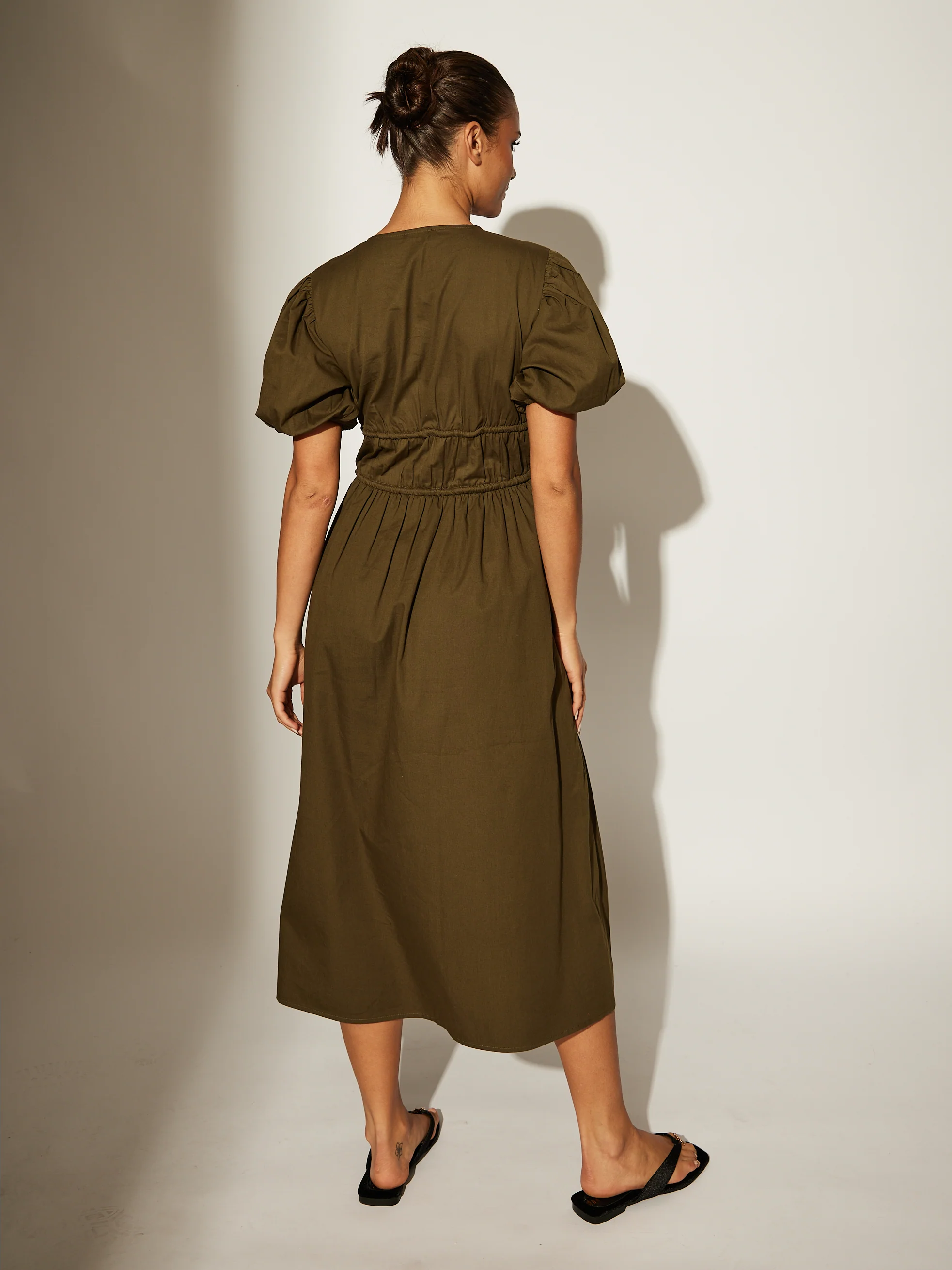 Boma Tie Front Midi Dress With Puff Sleeves in Khaki - Image 5