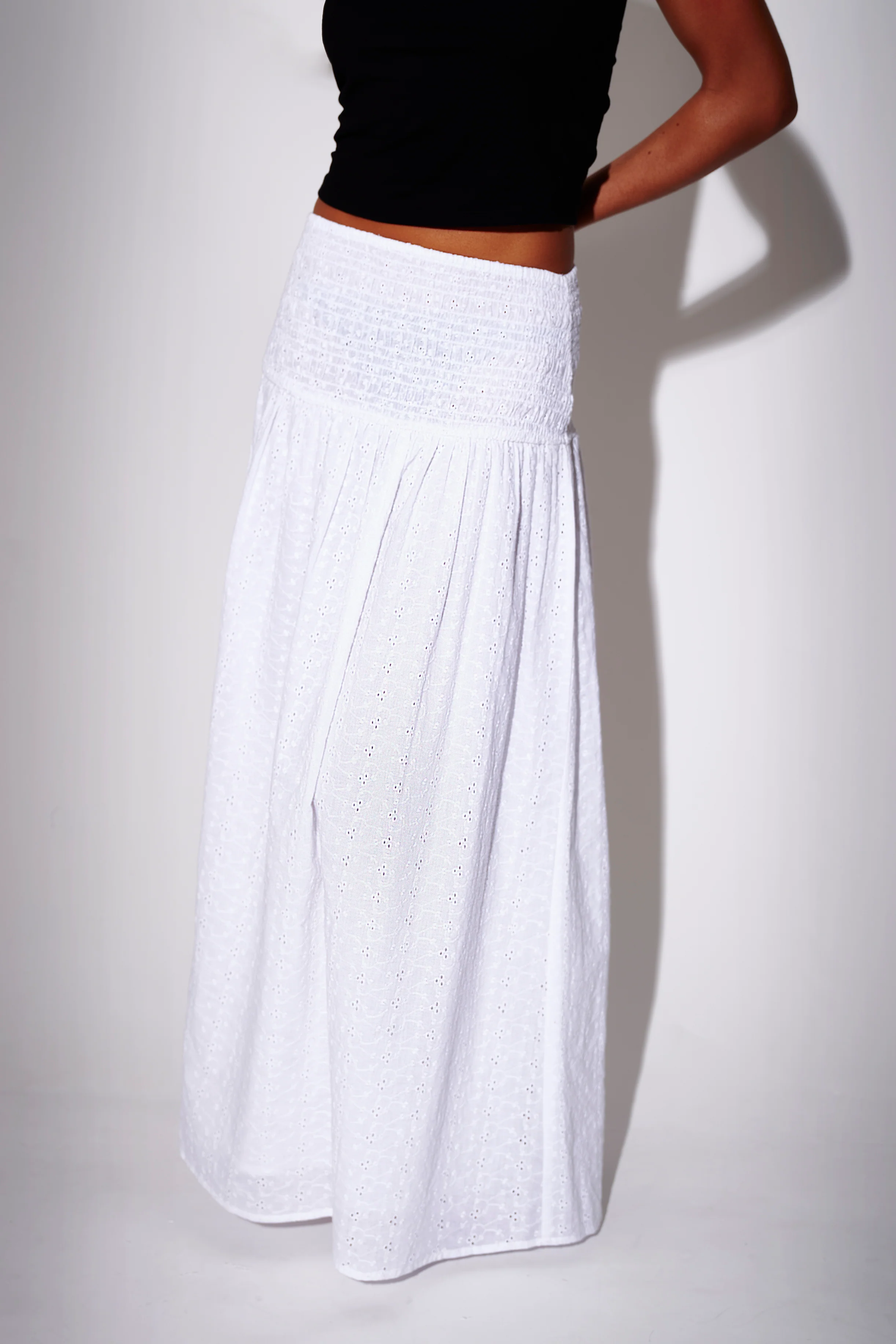 Blossom Smocked Maxi Skirt in White - Image 3