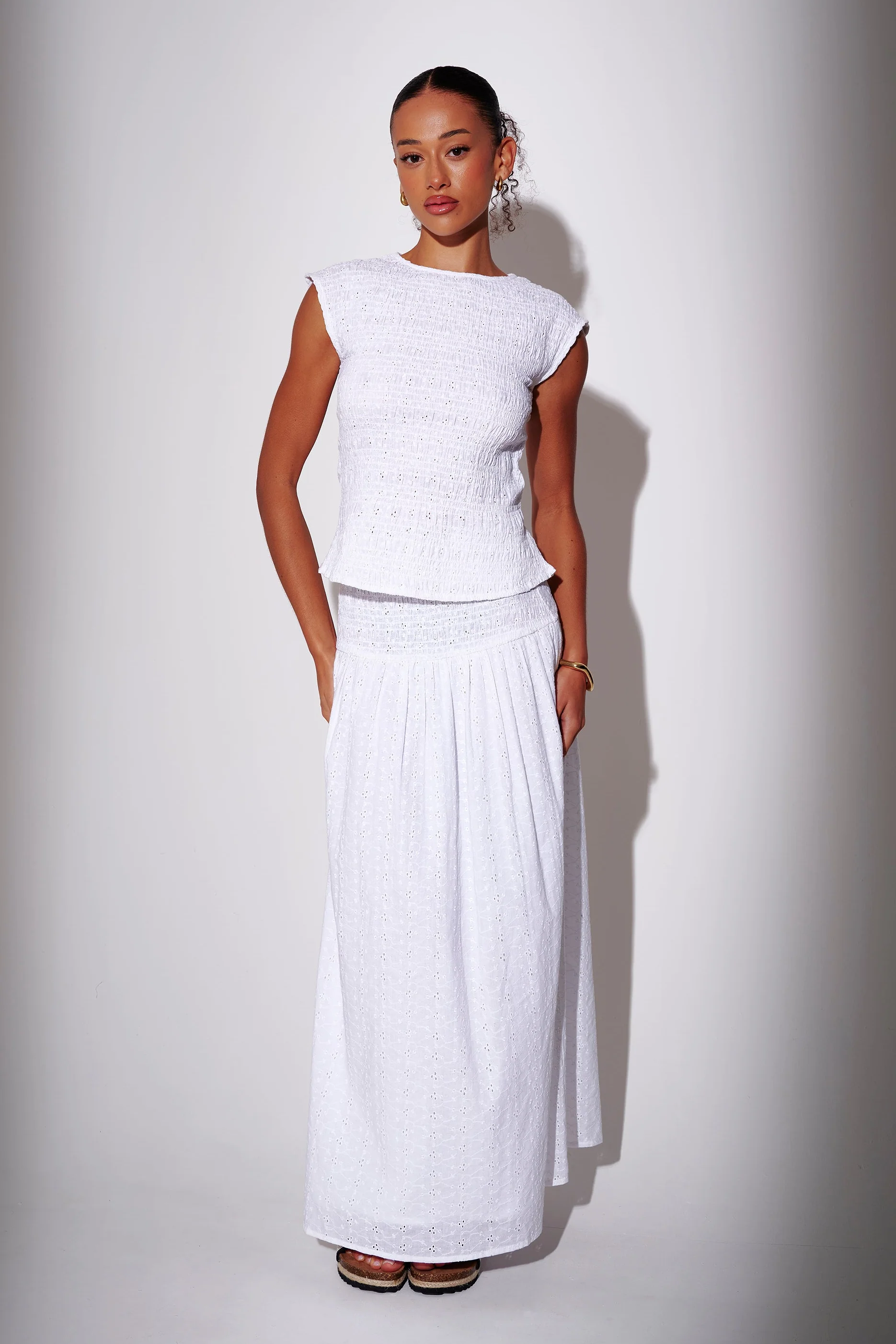 Blossom Smocked Maxi Skirt in White - Image 4