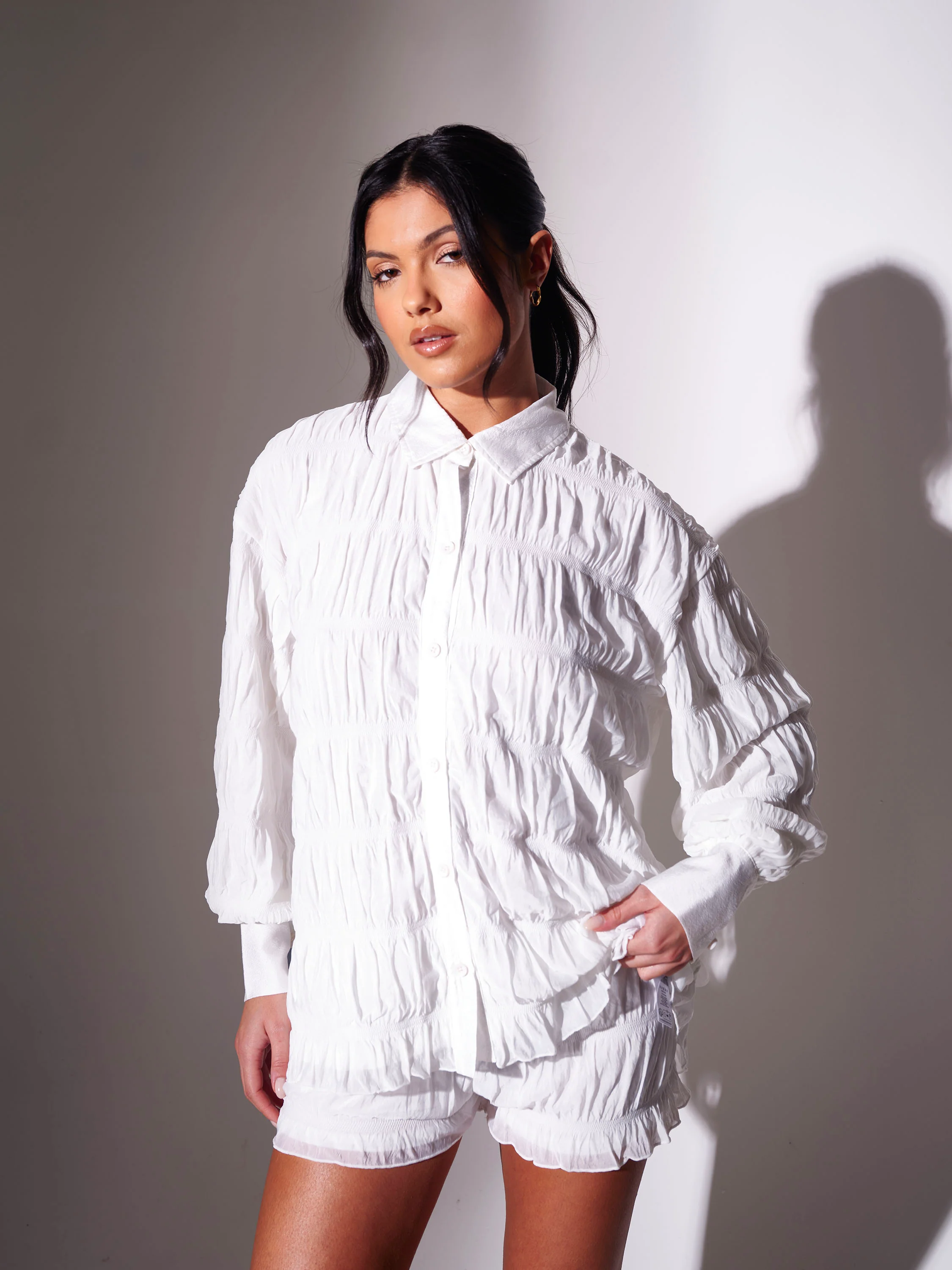 Fawn Ruched Mini Shorts in White - Image 4
